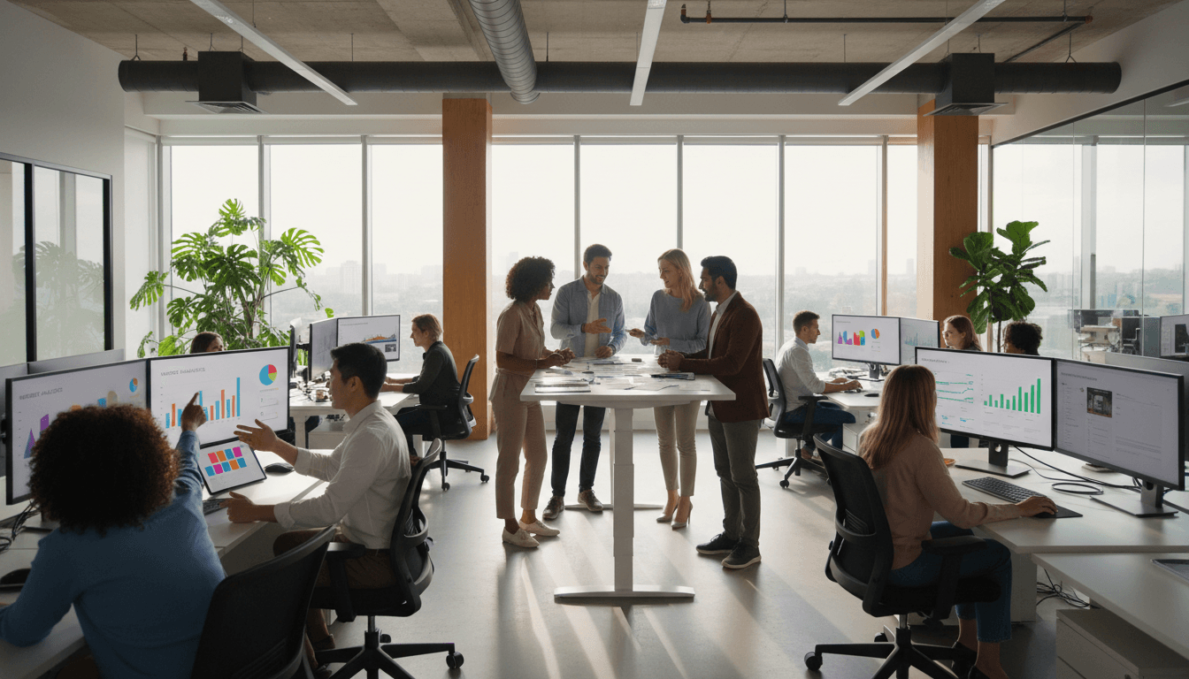Professional digital marketing team collaborating on strategy in modern office environment