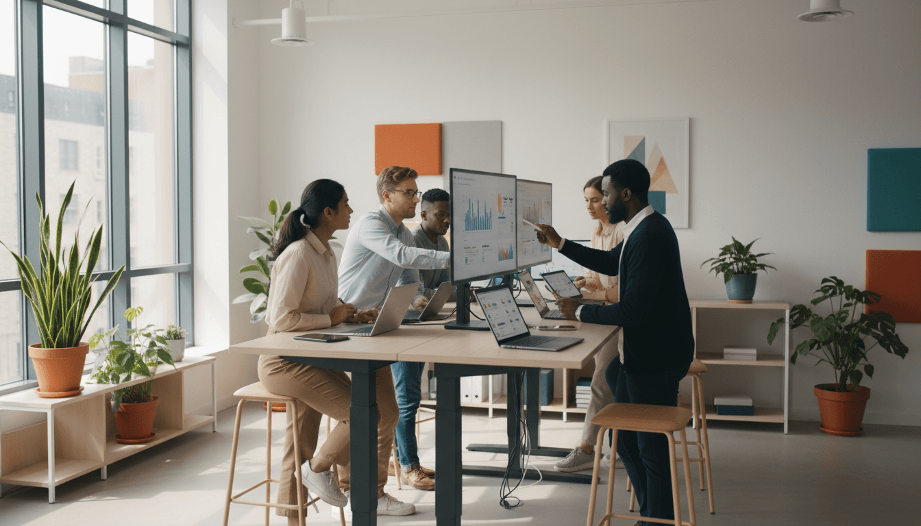 Digital marketing professionals working together at a modern office workspace with technology and growth charts